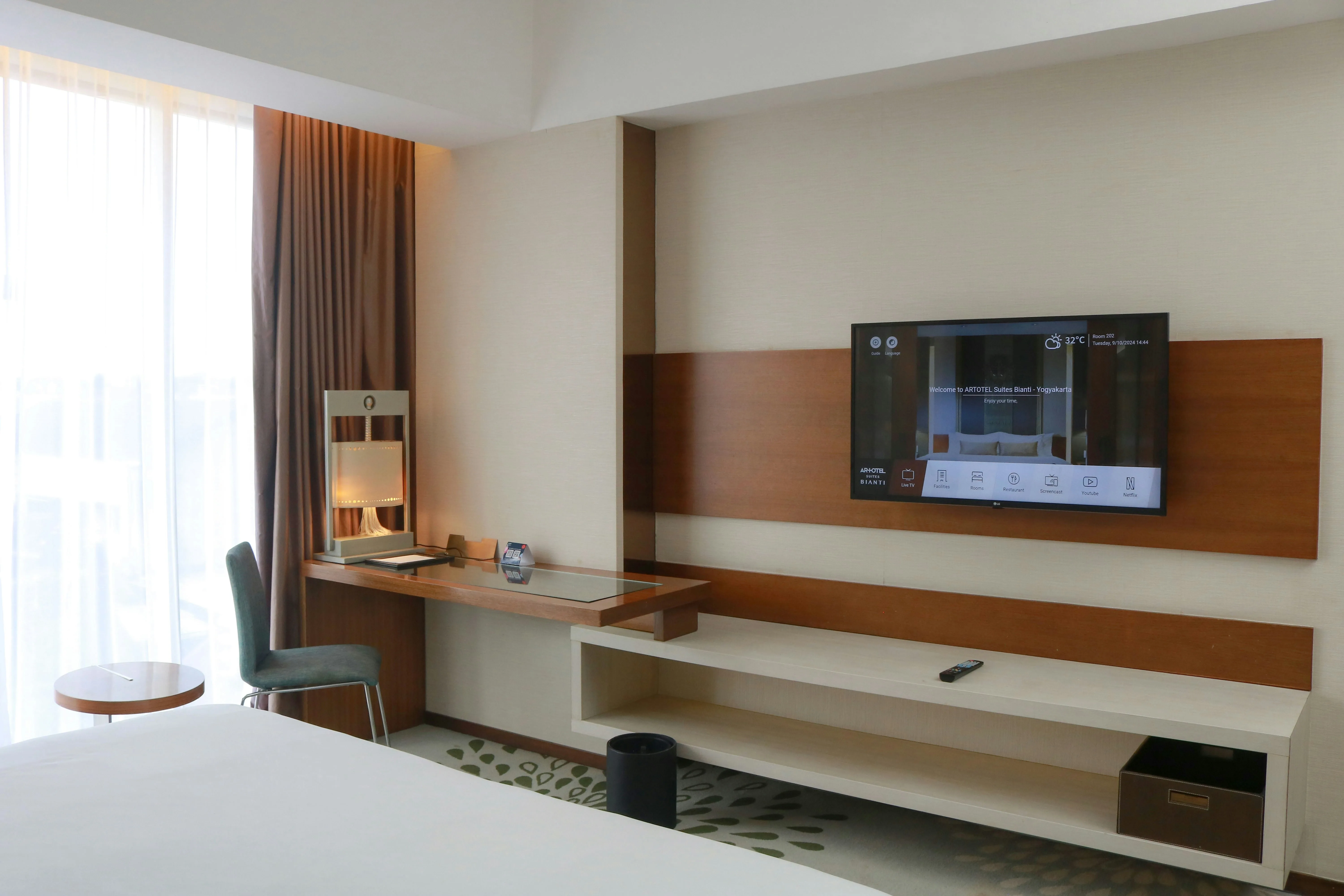 Modern hotel room design with ergonomic furniture