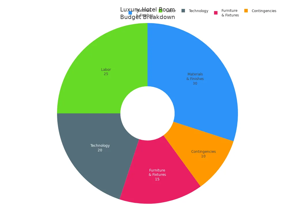 Pie chart showing budget allocation for luxury hotel guest room: materials and finishes 30%, labor 25%, technology 20%, furniture and fixtures 15%, contingencies 10%.