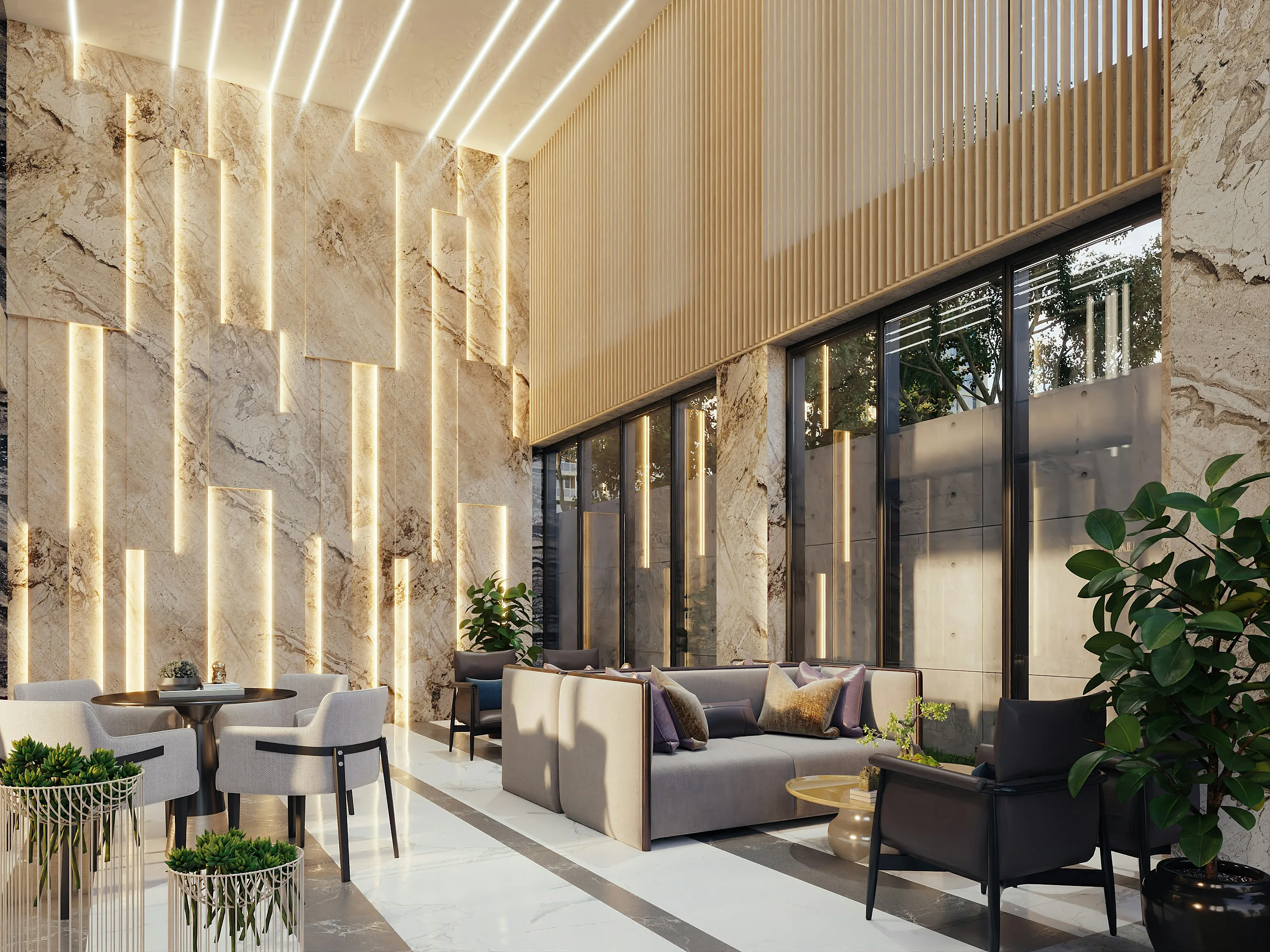 Stylish hotel lobby with elegant furniture