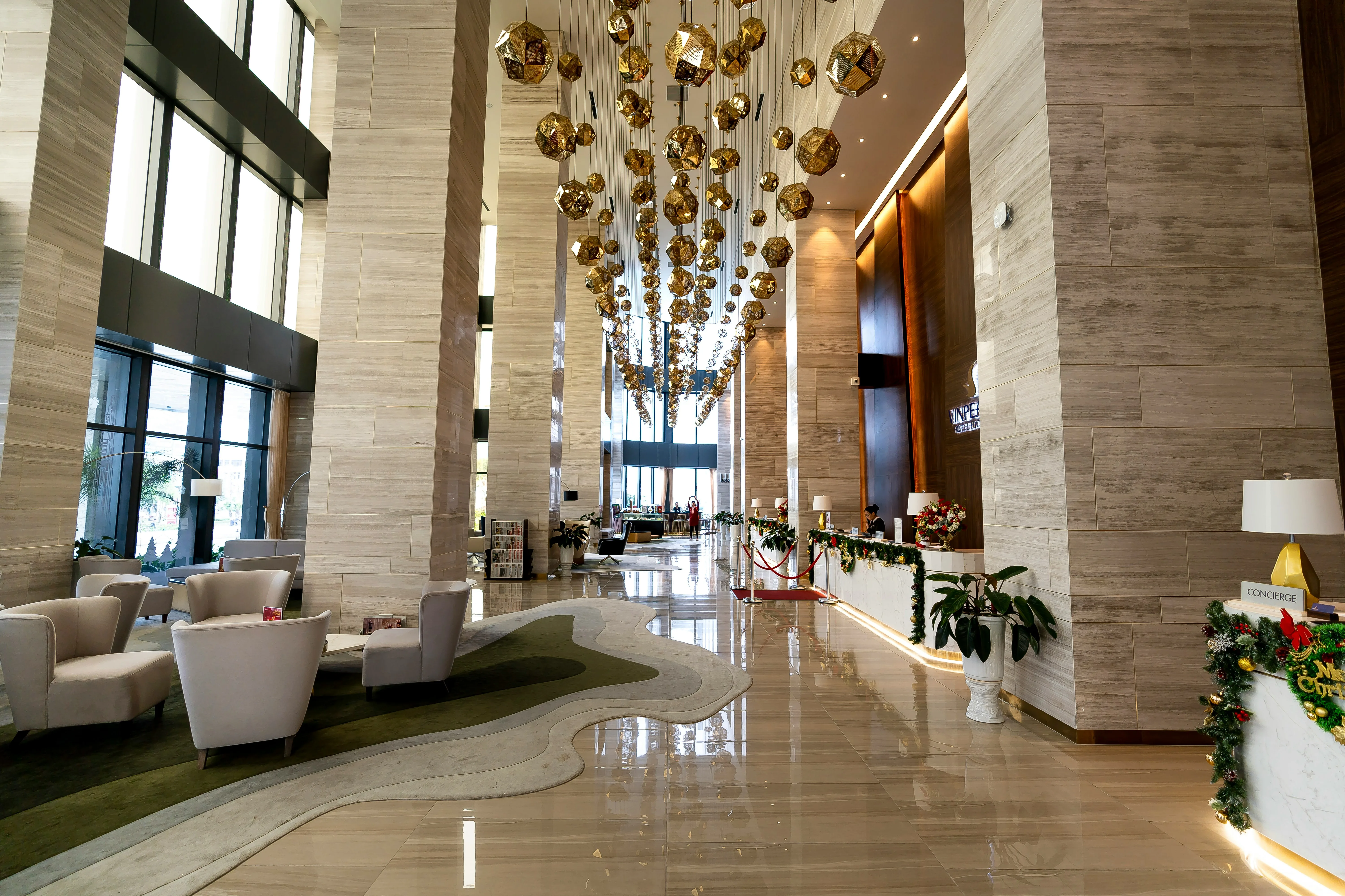 Modern hotel lobby with art deco elements