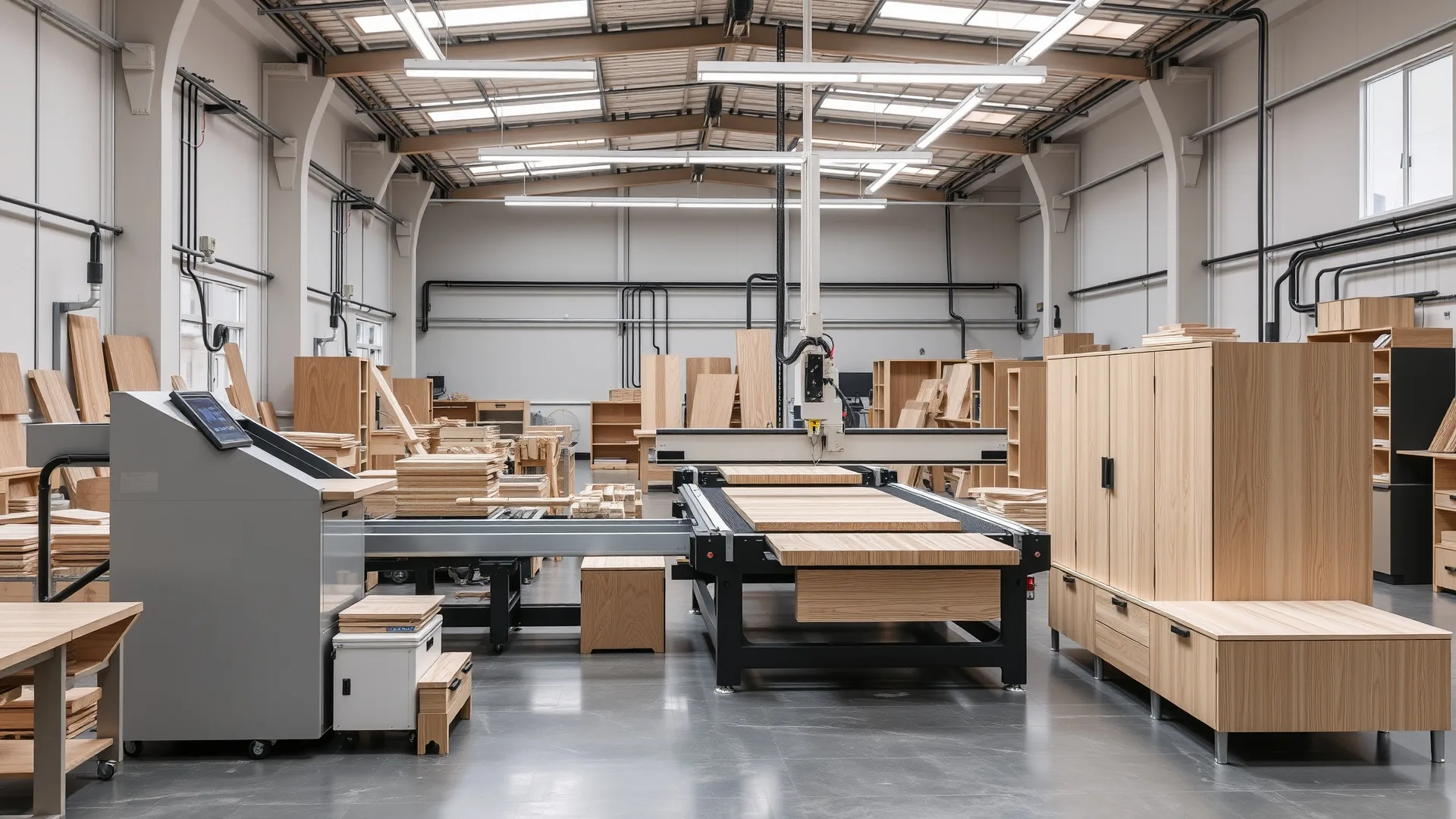 Modern furniture factory production line with automated woodworking equipment